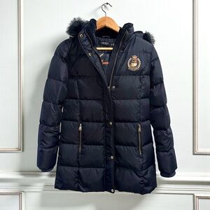 Lauren Ralph Lauren Navy Embroidered Logo Hooded Duck Down Puffer Coat